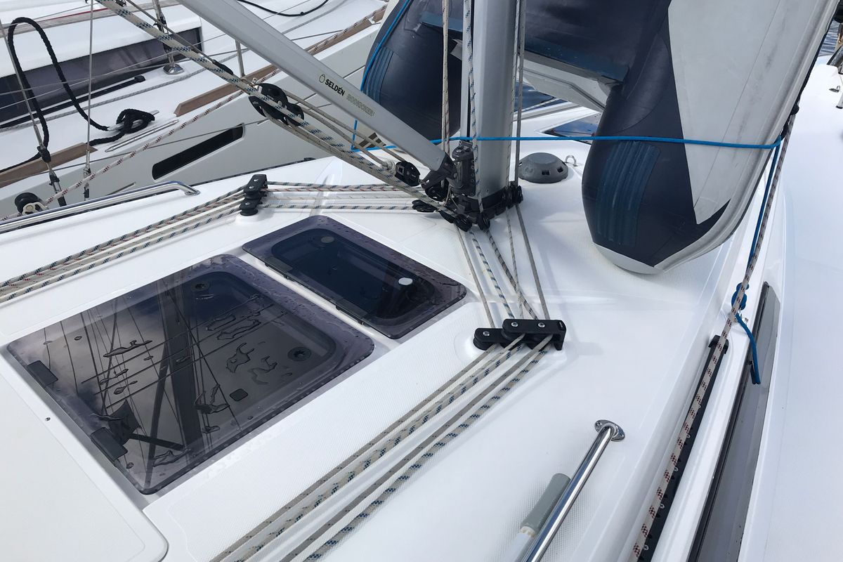 Deck of Pollux I, a Bavaria Cruiser 34 sailboat at Olbia, Italy