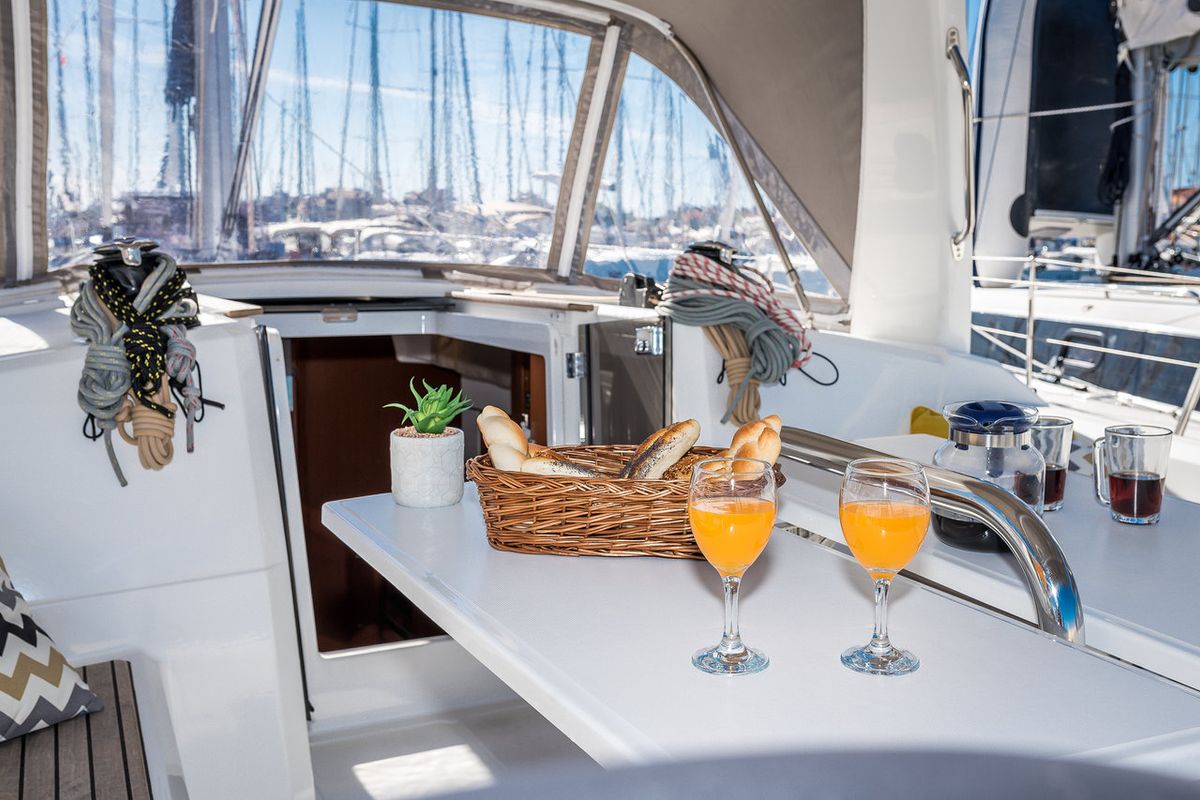 Deck of Prodigy, a Beneteau Oceanis 38.1 sailboat at Grad Biograd na Moru, Croatia
