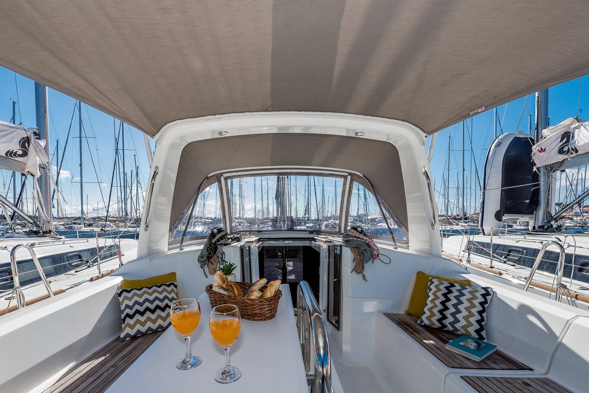 Deck of Prodigy, a Beneteau Oceanis 38.1 sailboat at Grad Biograd na Moru, Croatia