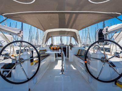 Cockpit of Prodigy, a Beneteau Oceanis 38.1 sailboat at Grad Biograd na Moru, Croatia