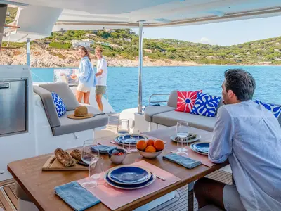 Deck of SIMBA, a Fountaine Pajot FP 44 catamaran at Gouvia, Greece
