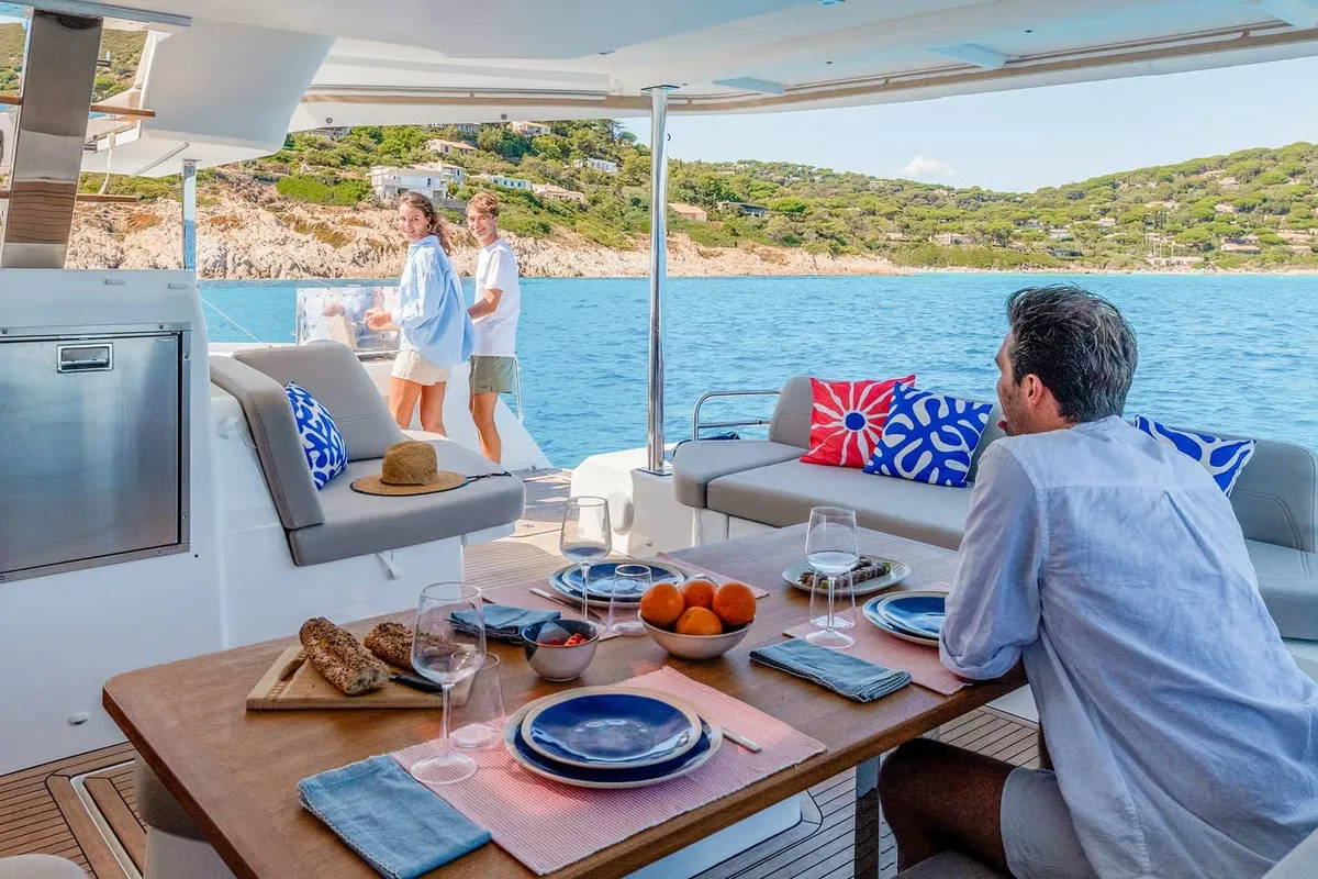 Deck of SIMBA, a Fountaine Pajot FP 44 catamaran at Gouvia, Greece