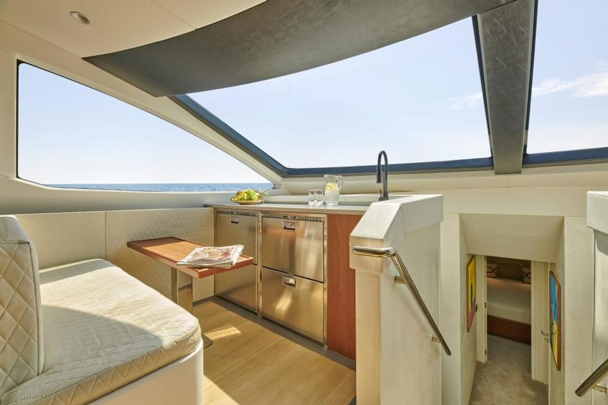Deck of La Fenice, a Azimut 85F yacht at Gouvia, Greece