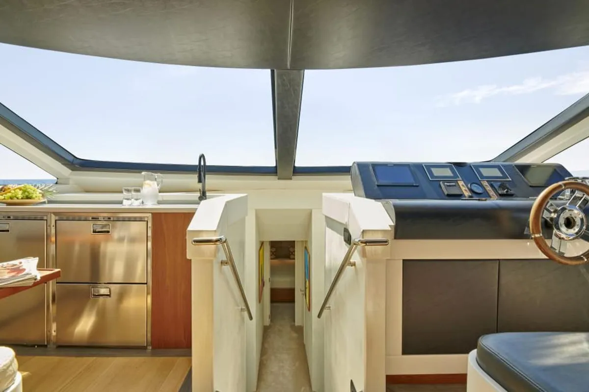 Deck of La Fenice, a Azimut 85F yacht at Gouvia, Greece