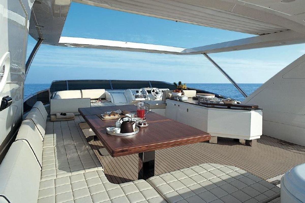 Deck of La Fenice, a Azimut 85F yacht at Gouvia, Greece