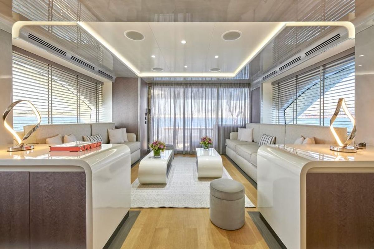 Salon of La Fenice, a Azimut 85F yacht at Gouvia, Greece