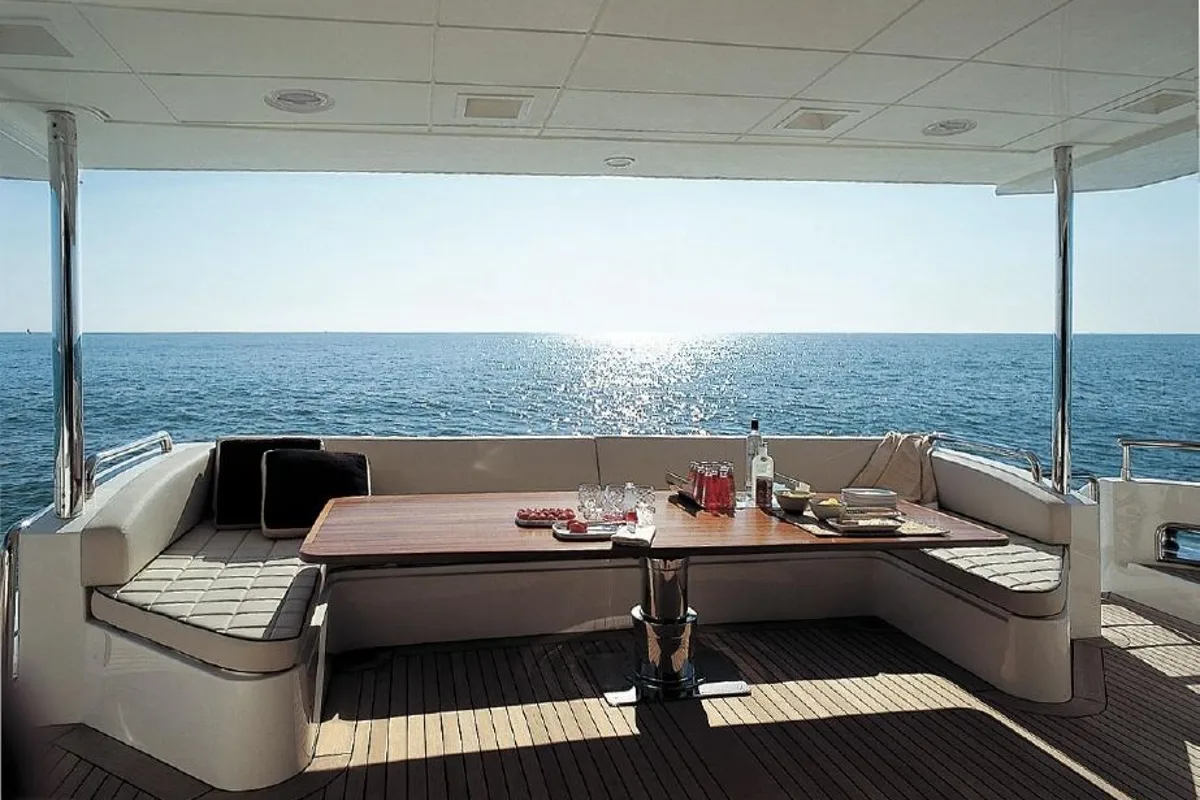 Deck of La Fenice, a Azimut 85F yacht at Gouvia, Greece