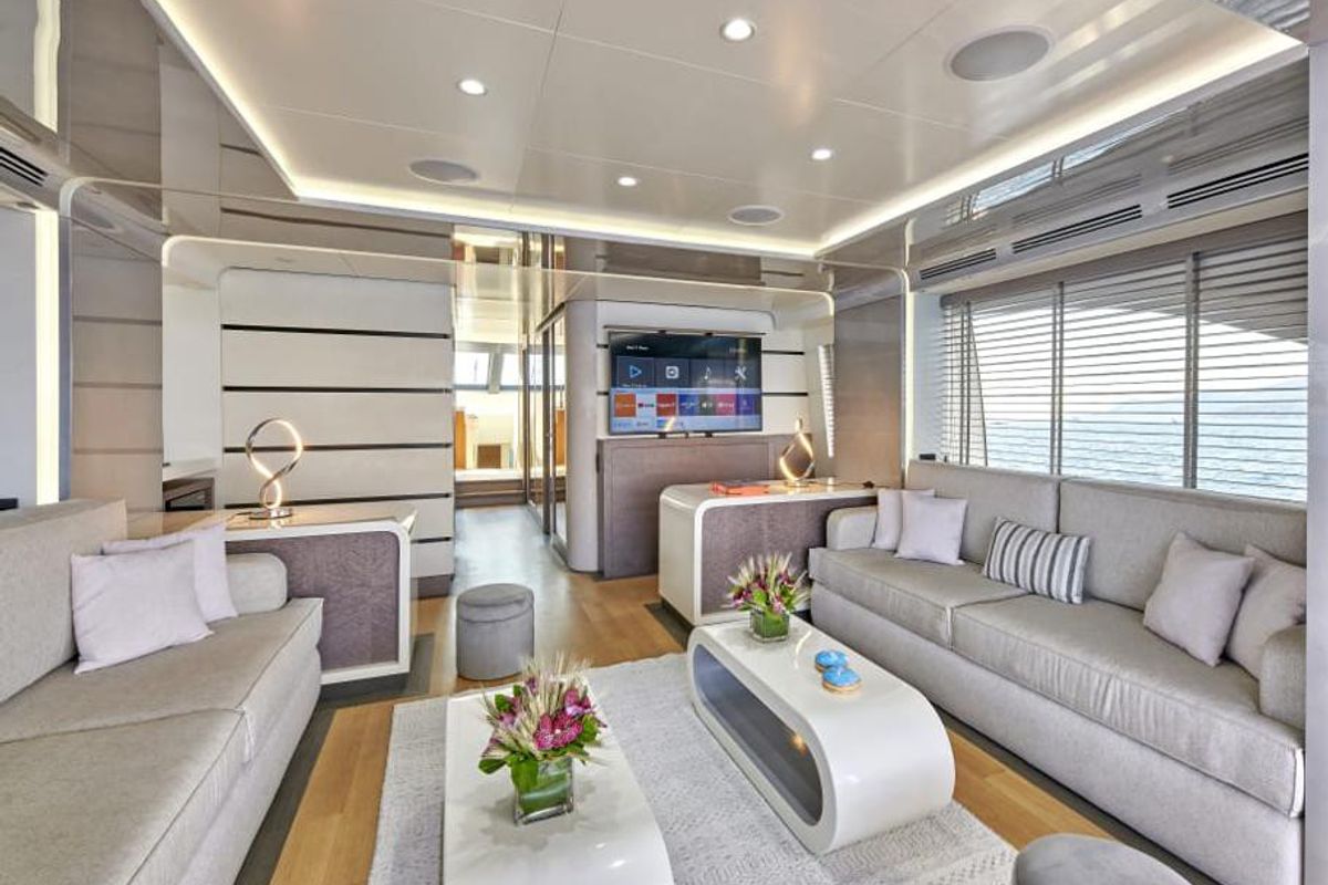 Salon of La Fenice, a Azimut 85F yacht at Gouvia, Greece