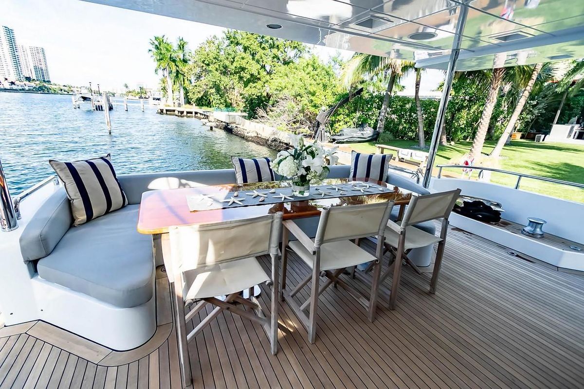 Deck of La Fenice, a Azimut 85F yacht at Gouvia, Greece