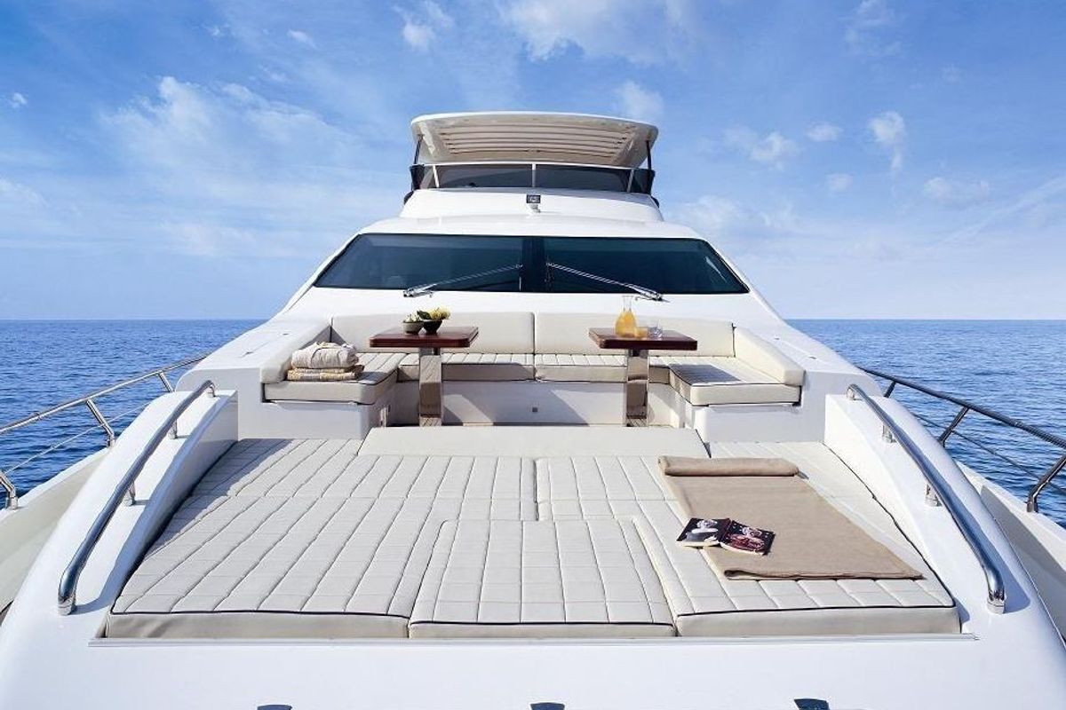 Deck of La Fenice, a Azimut 85F yacht at Gouvia, Greece