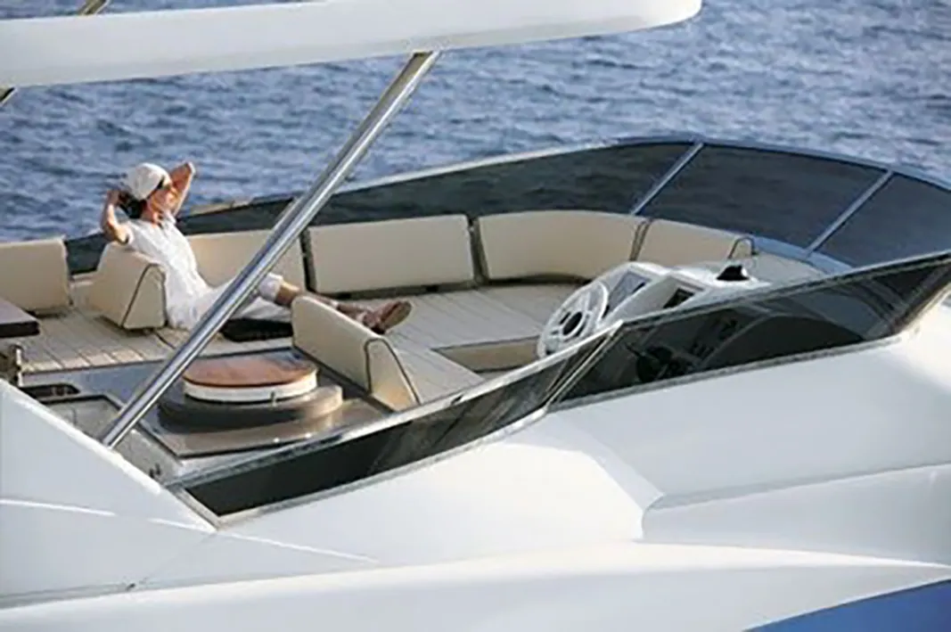 Deck of La Fenice, a Azimut 85F yacht at Gouvia, Greece