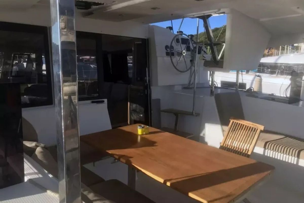 Deck of Ines, a Fountaine Pajot Lucia 40 catamaran at Olbia, Italy