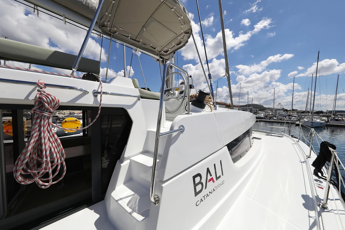 Deck of Mademoiselle, a Bali 4.2 catamaran at Općina Rogoznica, Croatia