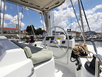 Cockpit of Mademoiselle, a Bali 4.2 catamaran at Općina Rogoznica, Croatia