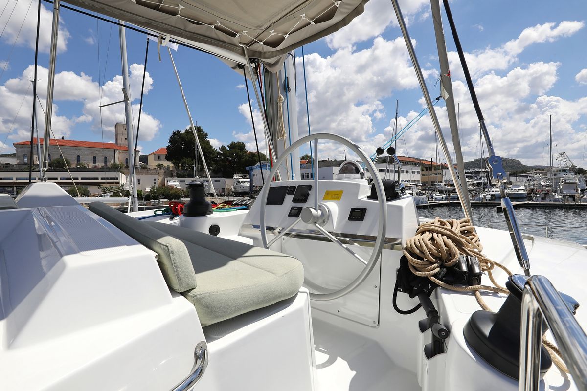 Cockpit of Mademoiselle, a Bali 4.2 catamaran at Općina Rogoznica, Croatia