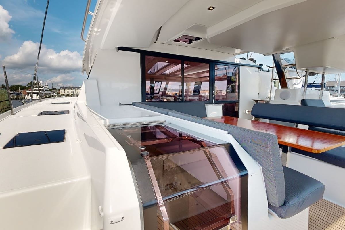 Deck of Dragonfly, a Fountaine Pajot Tanna 47 catamaran at Road Town, British Virgin Islands