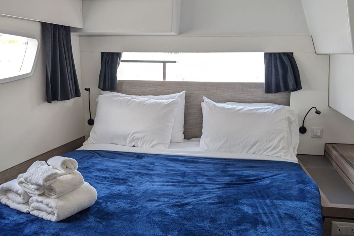 Cabin on Dragonfly, a Fountaine Pajot Tanna 47 catamaran at Road Town, British Virgin Islands