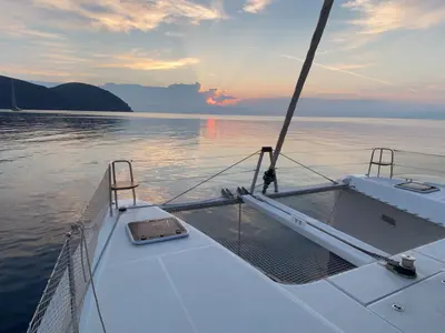 Deck of MAGAN 1 WATER MAKER - PANNELS , a Lagoon 42 catamaran at Capo d'Orlando, Italy