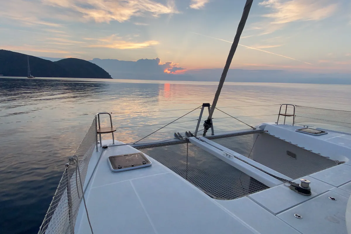 Deck of MAGAN 1 WATER MAKER - PANNELS , a Lagoon 42 catamaran at Capo d'Orlando, Italy
