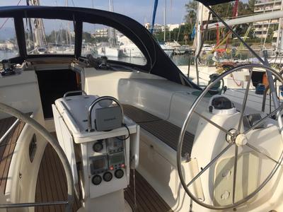 Cockpit of Stelios, a Bavaria 44 sailboat at Municipal Unit of Ellomenos, Greece