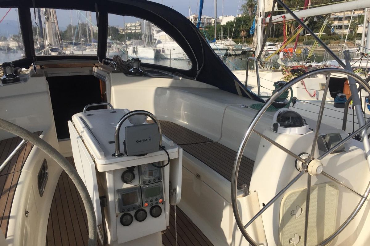 Cockpit of Stelios, a Bavaria 44 sailboat at Municipal Unit of Ellomenos, Greece