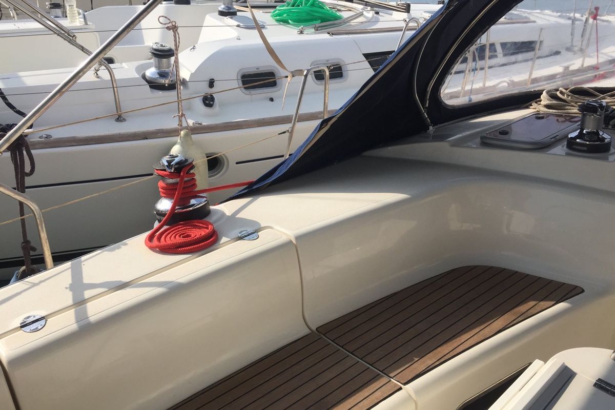Deck of Stelios, a Bavaria 44 sailboat at Municipal Unit of Ellomenos, Greece