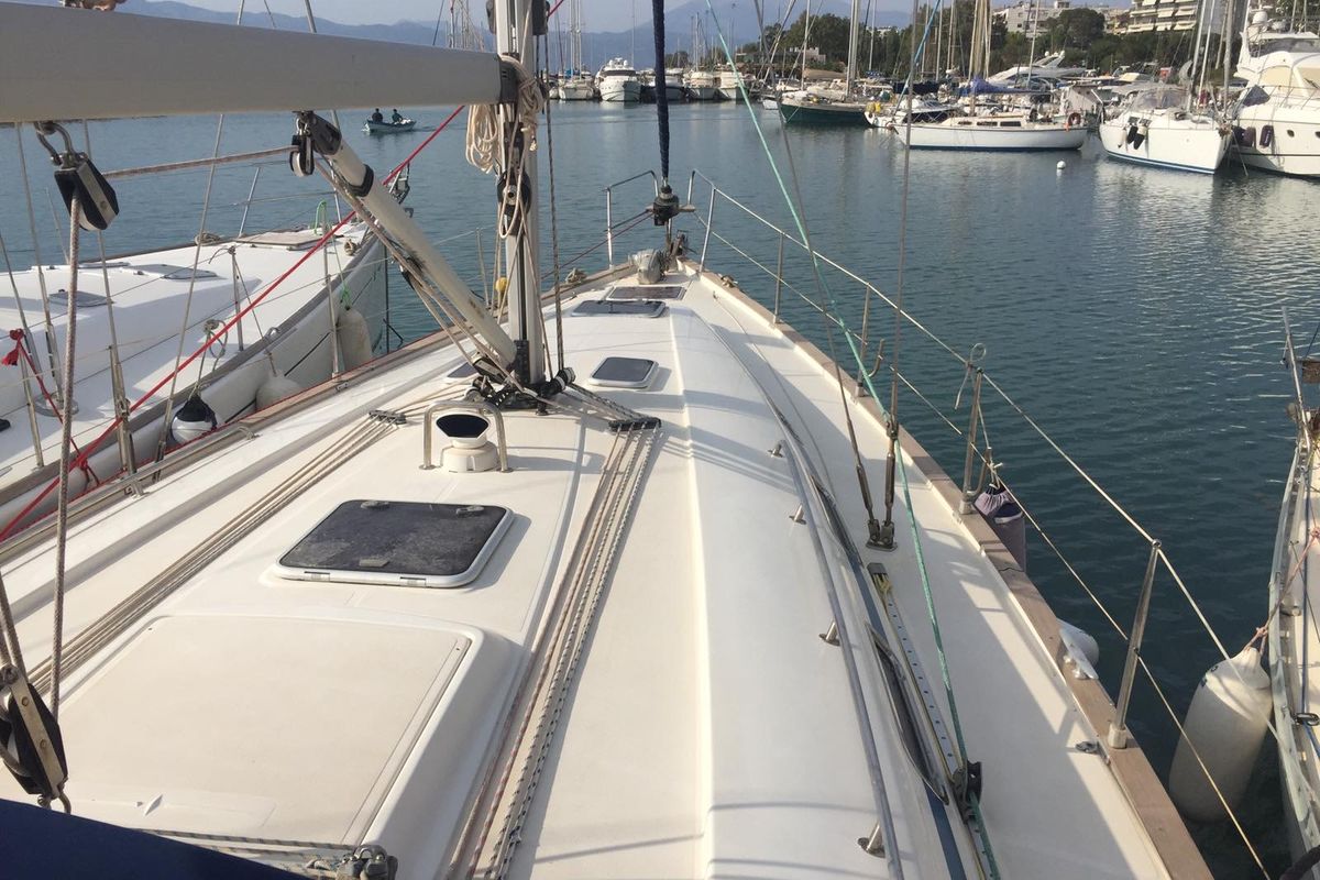 Deck of Stelios, a Bavaria 44 sailboat at Municipal Unit of Ellomenos, Greece