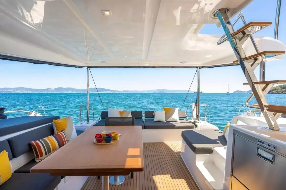 Salon of Nuvola, a Lagoon 43 catamaran at Olbia, Italy