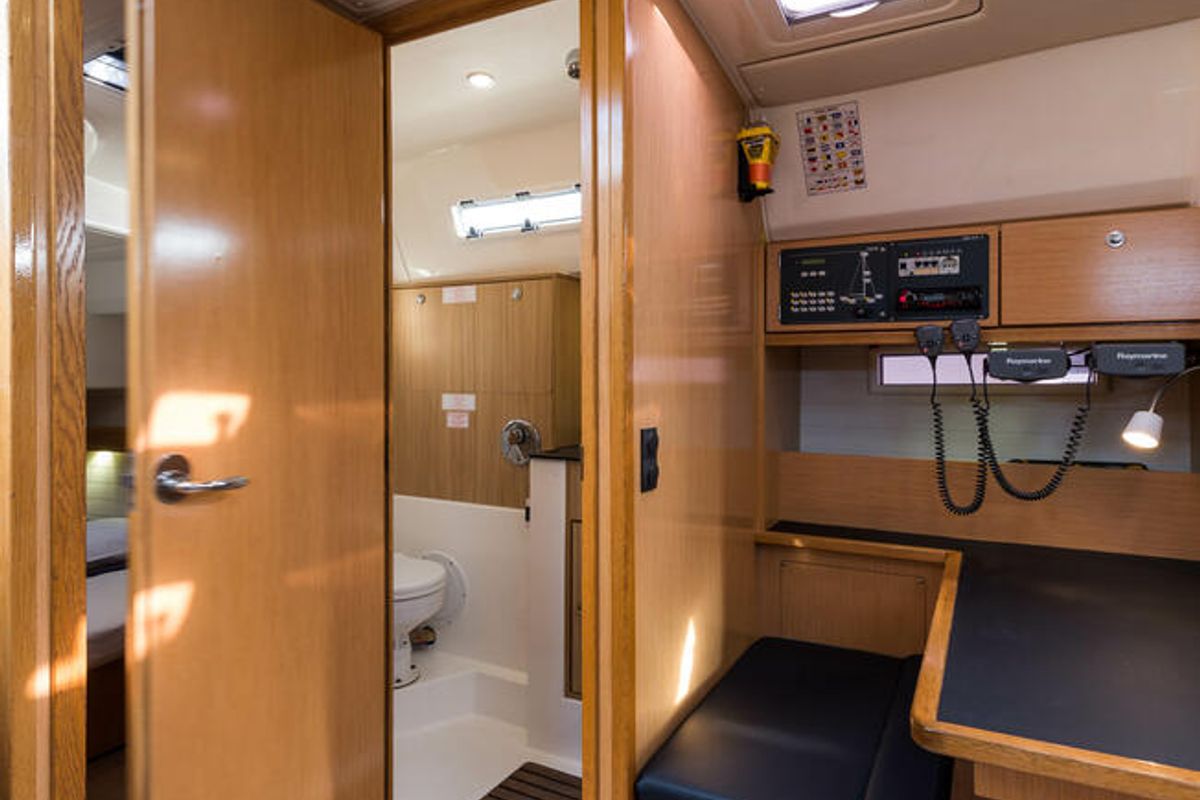Salon of Altair, a Bavaria 50 Cruiser sailboat at Svoronata, Greece