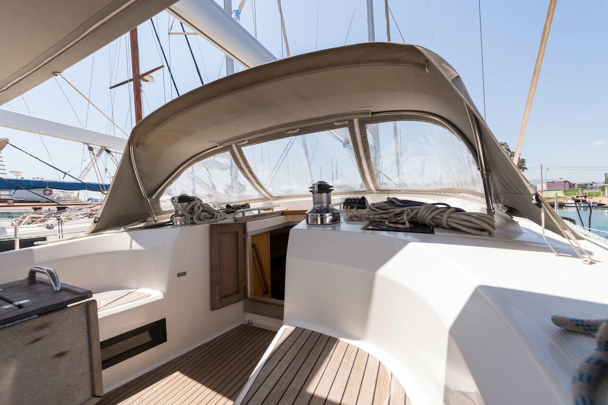 Cockpit of Altair, a Bavaria 50 Cruiser sailboat at Svoronata, Greece