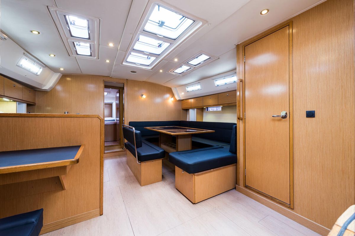 Salon of Altair, a Bavaria 50 Cruiser sailboat at Svoronata, Greece