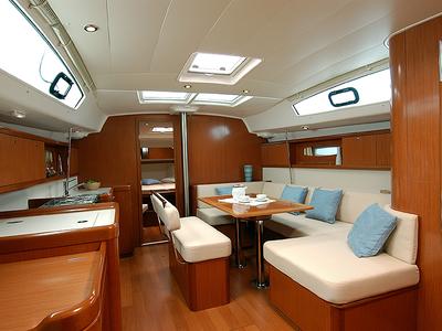 Salon of Alcor, a Beneteau Oceanis 43 sailboat at Cagliari, Italy