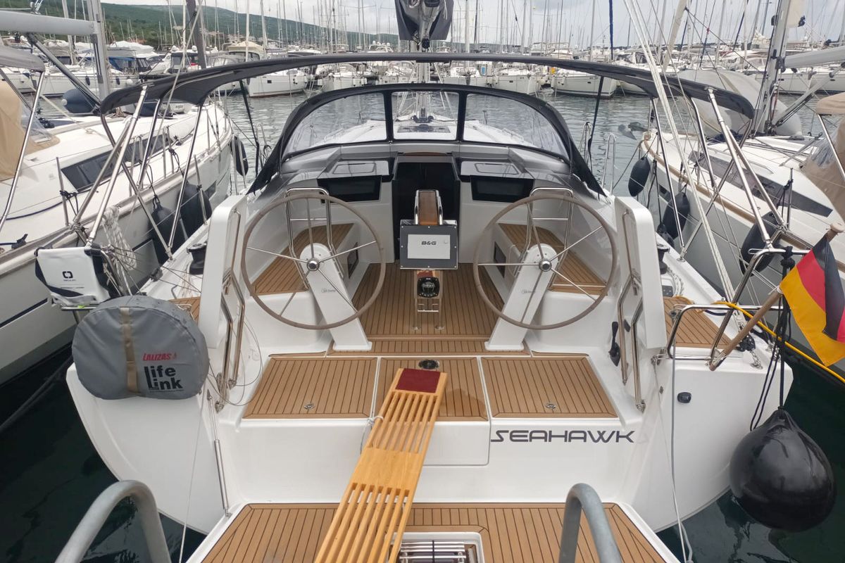 Cockpit of Seahawk, a Hanse Yachts Hanse 418 sailboat at Punat, Croatia
