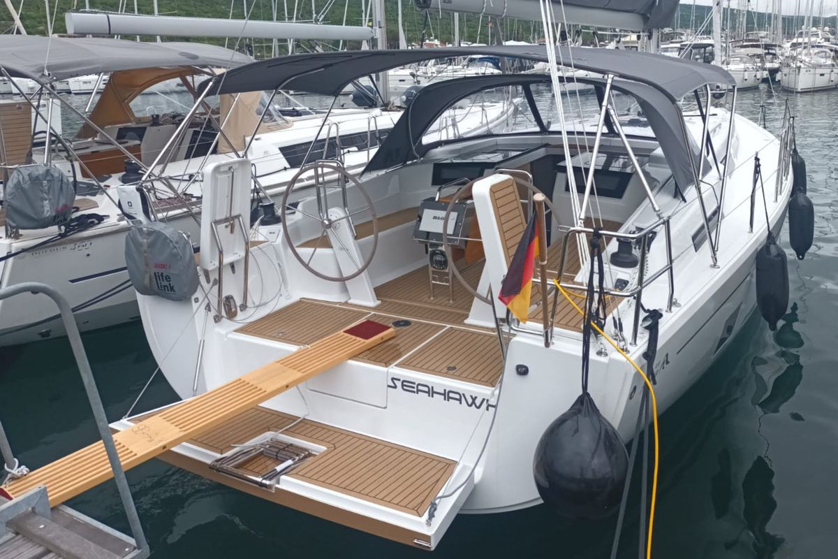 Deck of Seahawk, a Hanse Yachts Hanse 418 sailboat at Punat, Croatia