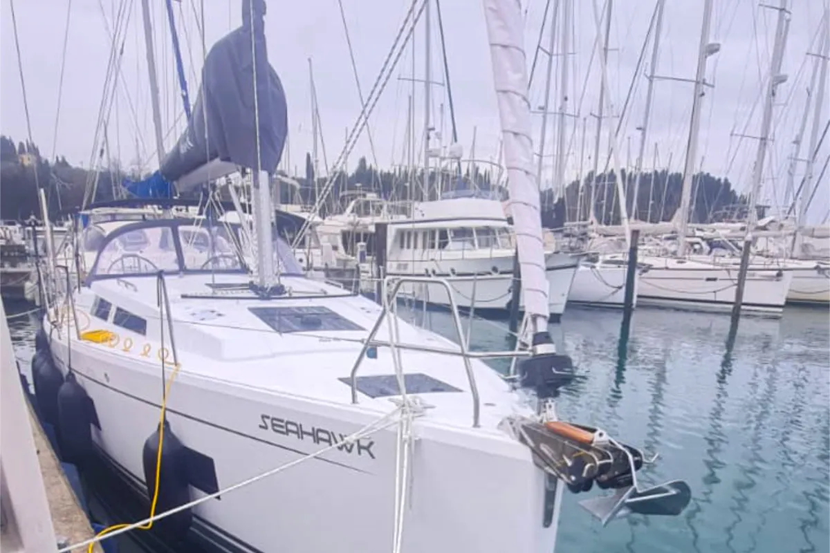 Exterior view of Seahawk, a Hanse Yachts Hanse 418 sailboat at Punat, Croatia