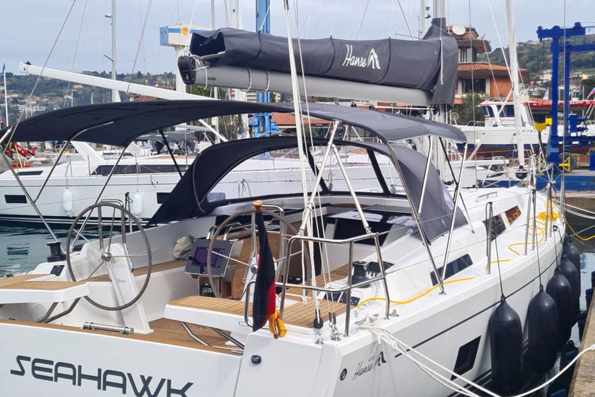 Exterior view of Seahawk, a Hanse Yachts Hanse 418 sailboat at Punat, Croatia