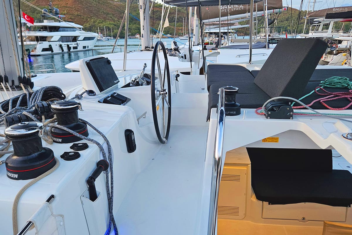 Cockpit of Lua, a Lagoon 46 catamaran at Fethiye, Turkey