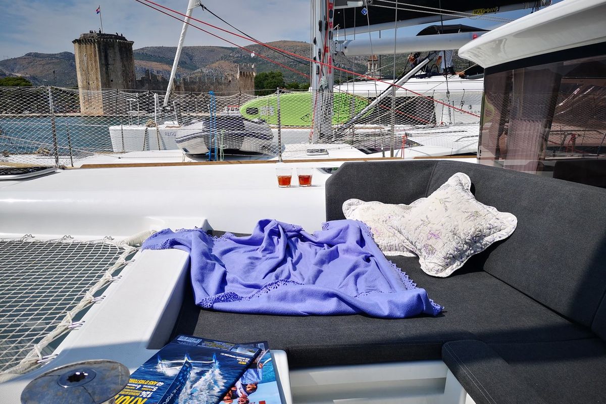 Deck of Calm Point, a Lagoon 450 catamaran at Split, Croatia