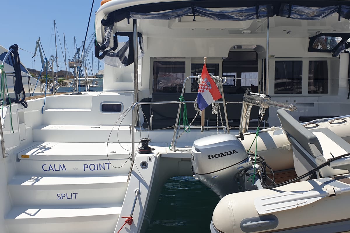 Exterior view of Calm Point, a Lagoon 450 catamaran at Split, Croatia