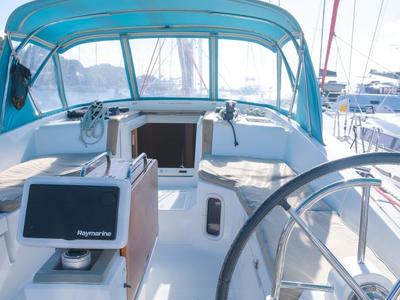 Cockpit of Sea Wolf, a Jeanneau Sun Odyssey 44 DS sailboat at Ribishi, Saint Vincent and the Grenadines