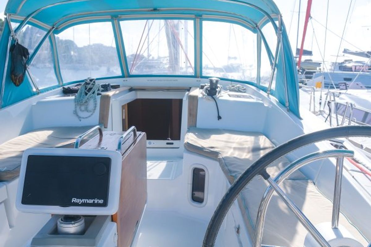 Cockpit of Sea Wolf, a Jeanneau Sun Odyssey 44 DS sailboat at Ribishi, Saint Vincent and the Grenadines