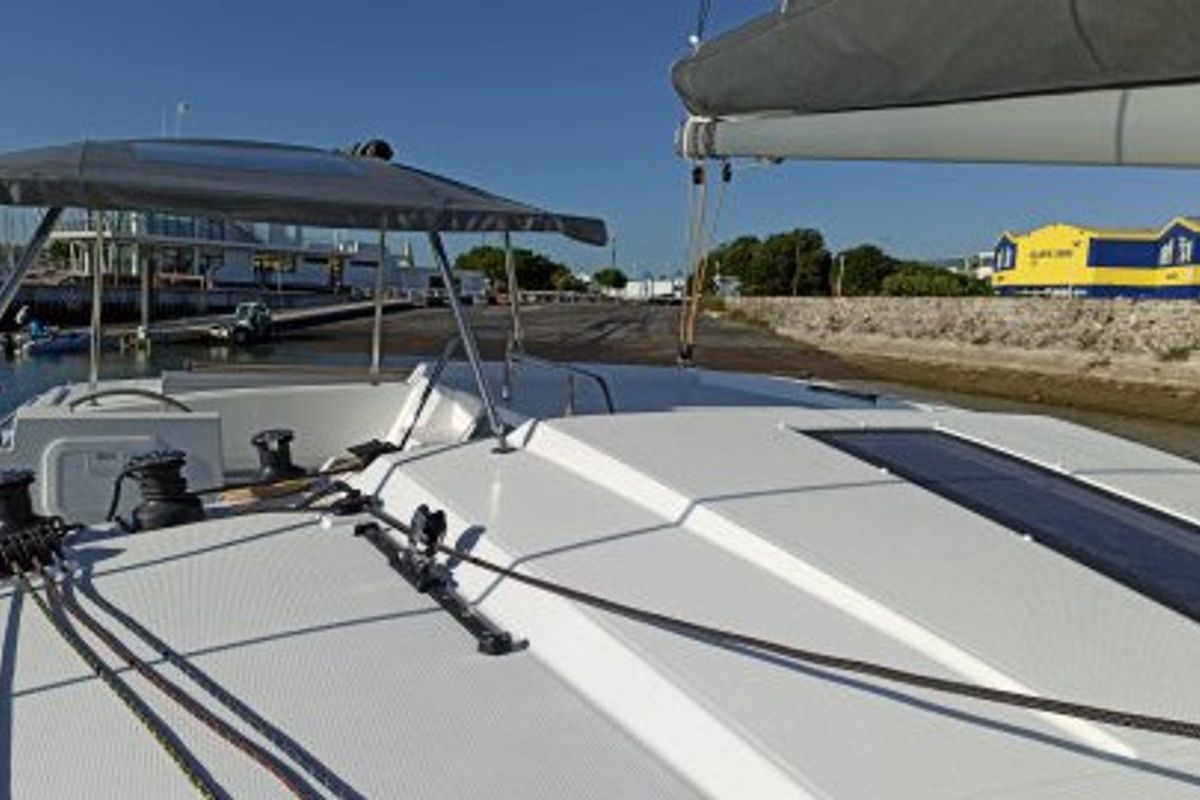 Deck of Dorella, a Fountaine Pajot Astréa 42 catamaran at Marsala, Italy