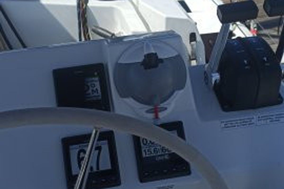 Cockpit of Dorella, a Fountaine Pajot Astréa 42 catamaran at Marsala, Italy