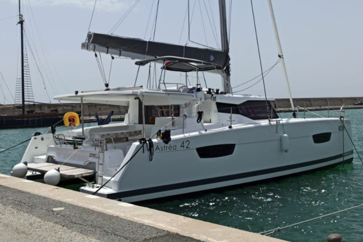 Exterior view of Dorella, a Fountaine Pajot Astréa 42 catamaran at Marsala, Italy