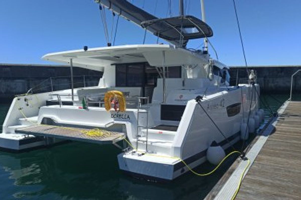 Exterior view of Dorella, a Fountaine Pajot Astréa 42 catamaran at Marsala, Italy
