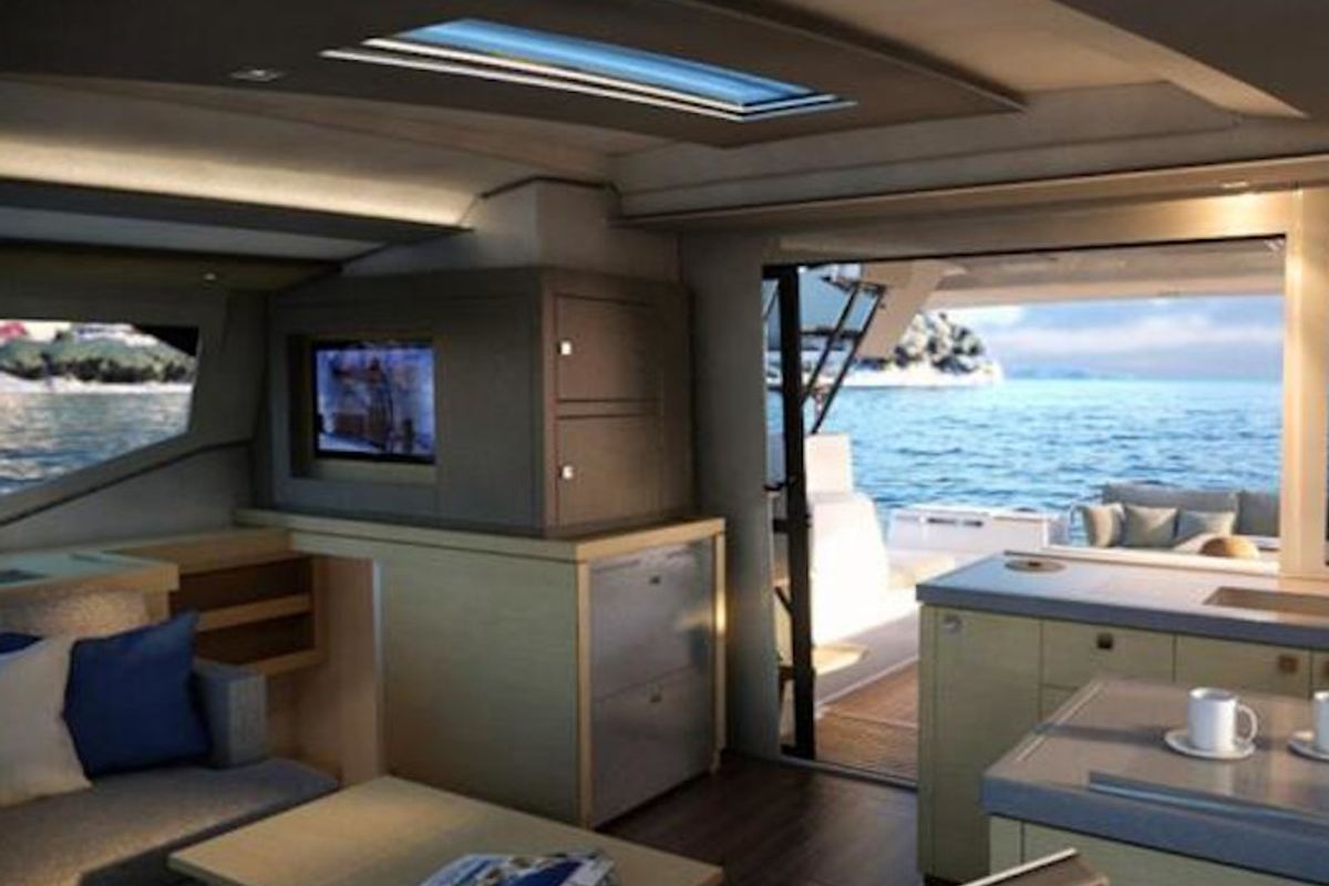 Salon of Dorella, a Fountaine Pajot Astréa 42 catamaran at Marsala, Italy