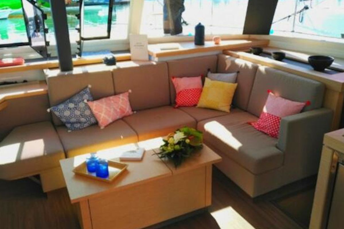 Salon of Dorella, a Fountaine Pajot Astréa 42 catamaran at Marsala, Italy
