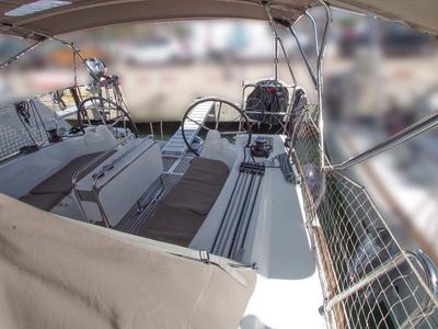 Cockpit of Castor, a Jeanneau Sun Odyssey 349 sailboat at Felanitx, Spain