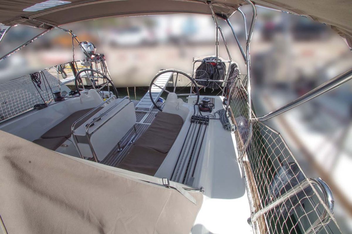 Cockpit of Castor, a Jeanneau Sun Odyssey 349 sailboat at Felanitx, Spain