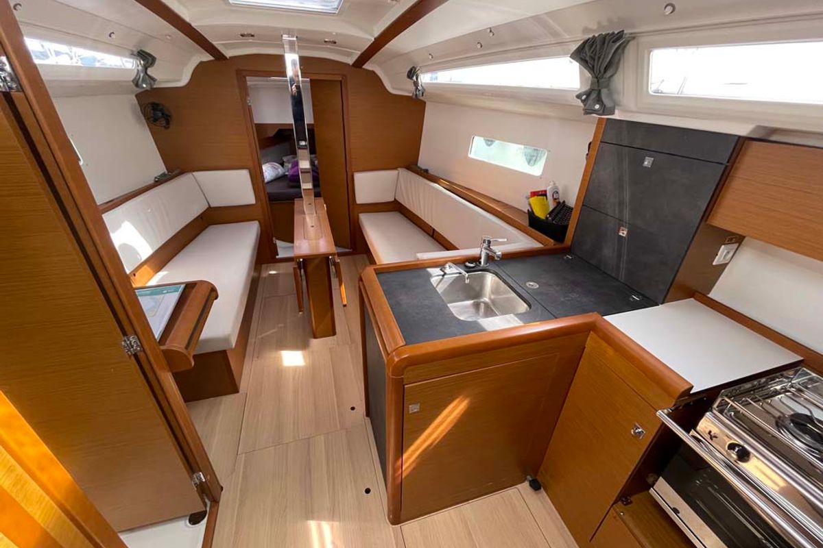 Salon of Castor, a Jeanneau Sun Odyssey 349 sailboat at Felanitx, Spain